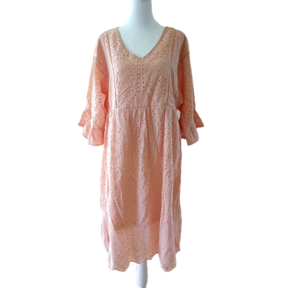 Boho Prairie Dress XL Peach Ruffle Sleeve Eyelet Cotton Cottagecore NWT VNeck